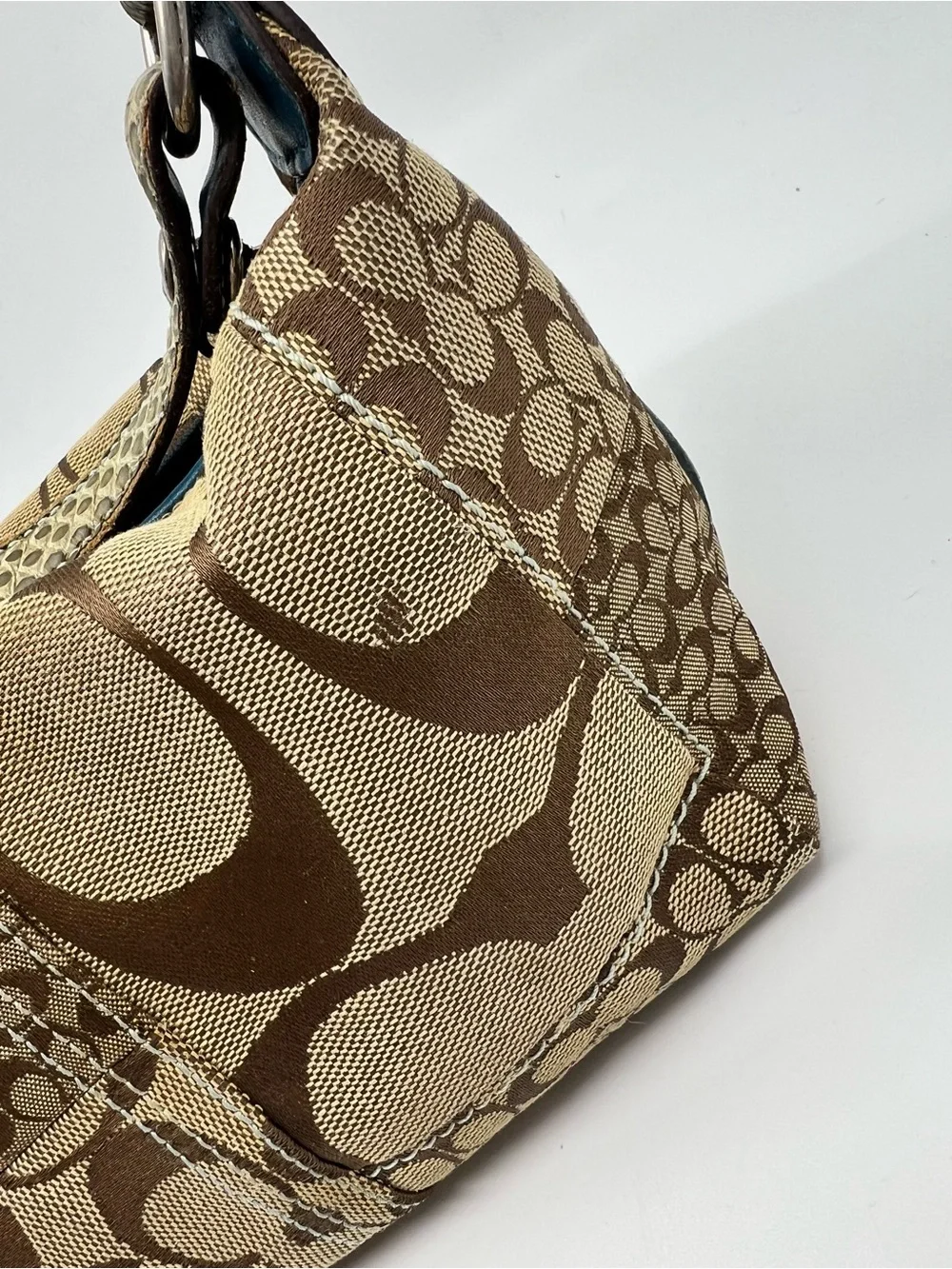 Coach Signature Vintage Y2K Patchwork Hobo Handbag Brown Tan Blue Trim Small